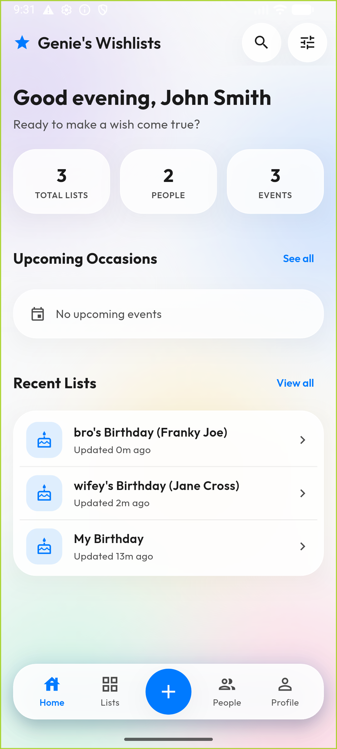 Genie's Wishlists Home screen